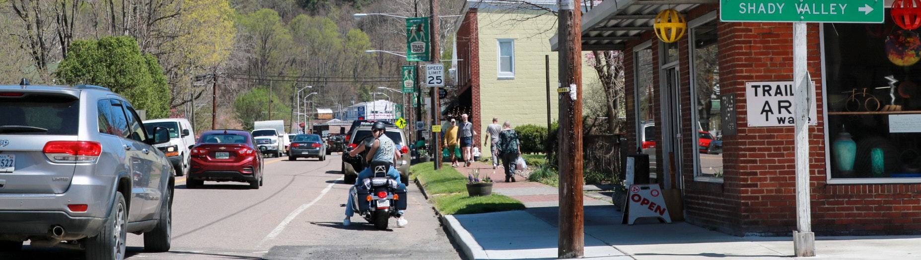 Motorists and motorcycles in downtown Damascus Virginia
